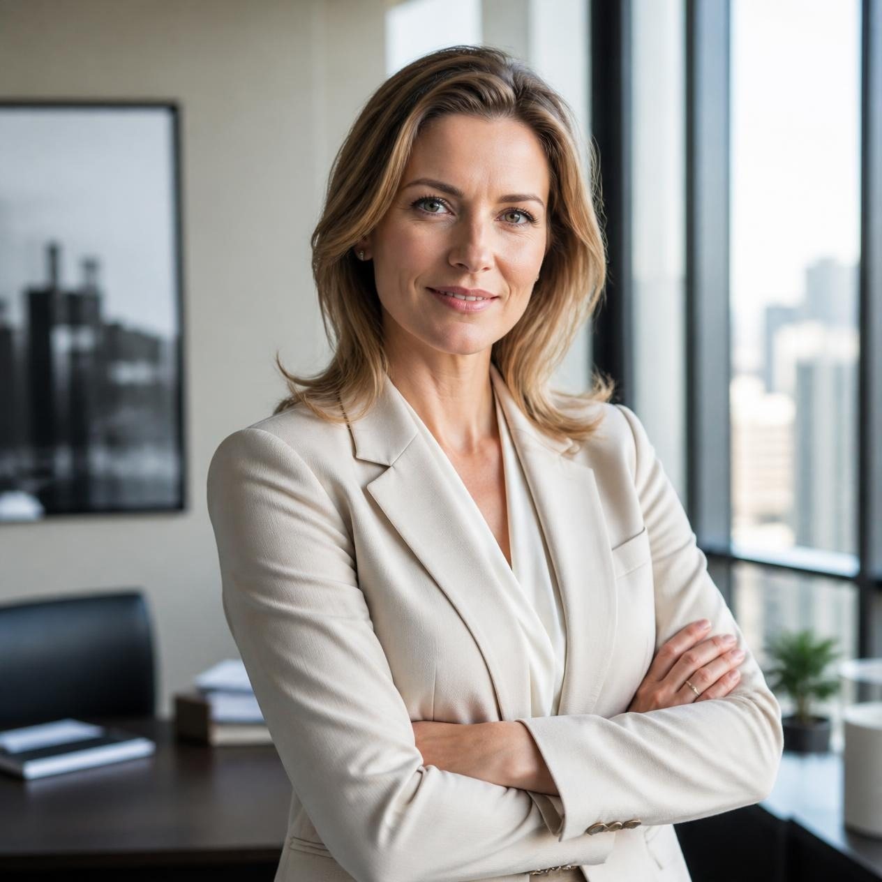 A confident female CEO in a cream suit, arms crossed, in her corner office