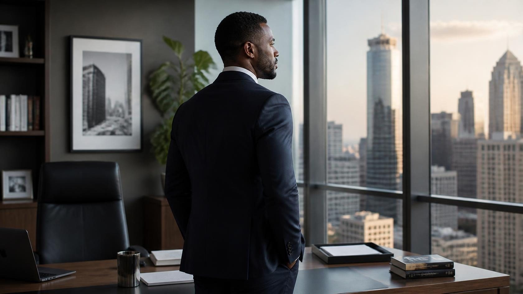 A male CEO in a dark suit looking out of his office window over the city