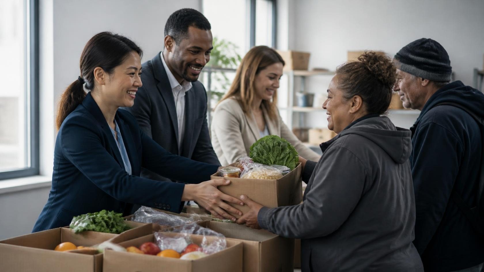 Volunteers in business clothes handing out boxes of fresh food to community members