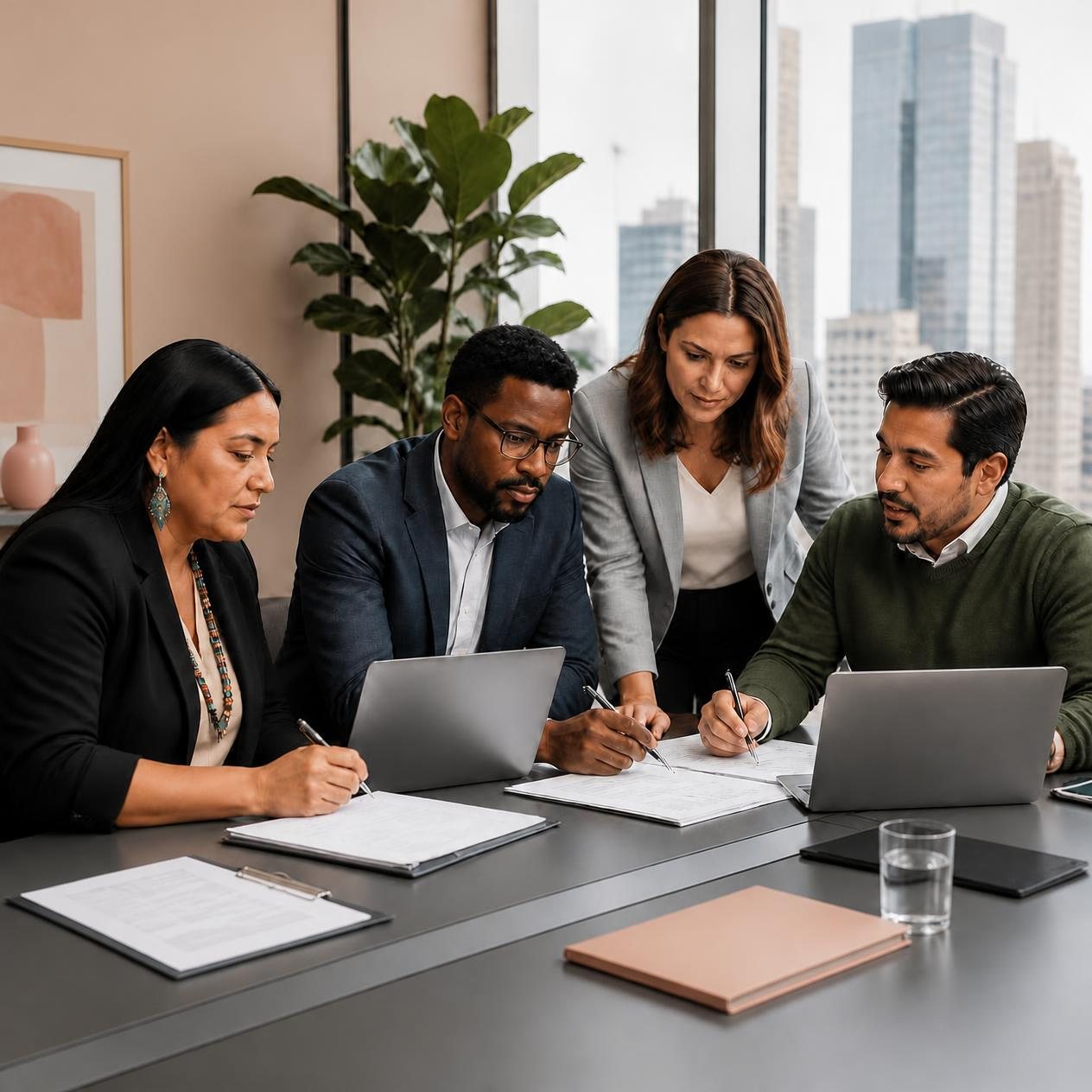 Four executives working together over laptops and notes at a boardroom table, with city towers behind them