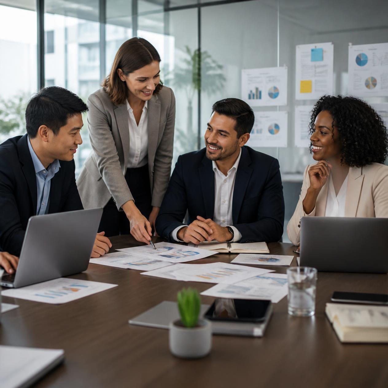 A diverse leadership team of men and women reviewing charts together around a table